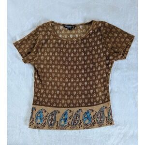 Vtg‎ Ribbed Baby Tee Sequin Paisley Women's S Fitted Boho Hippie Festival 70's